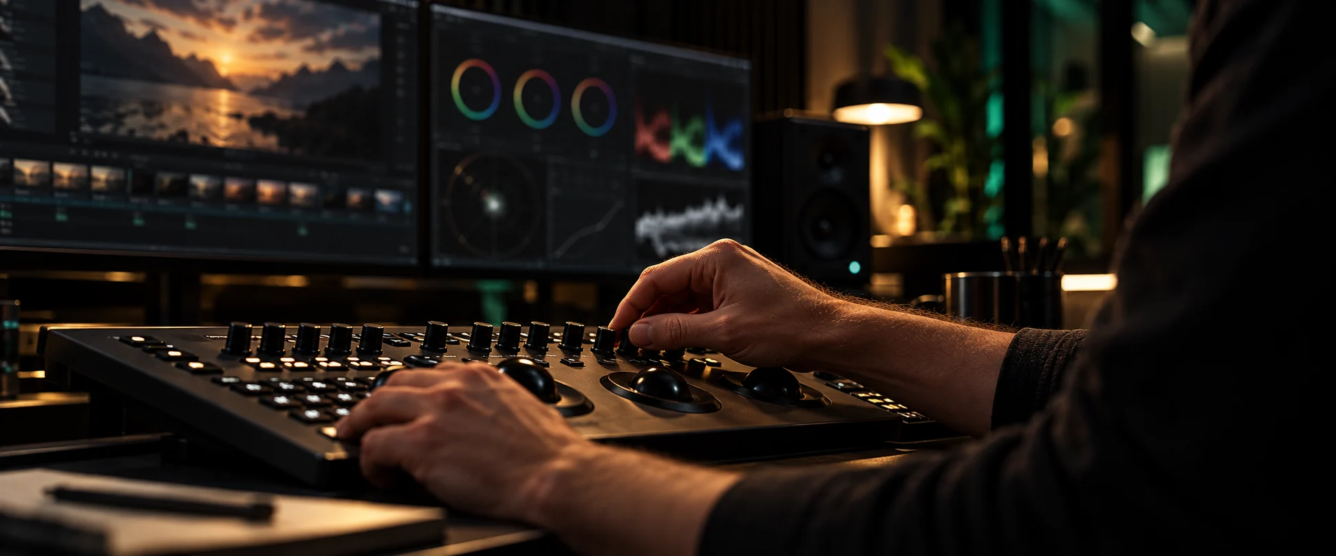 Tecnico al lavoro su una console professionale di color grading