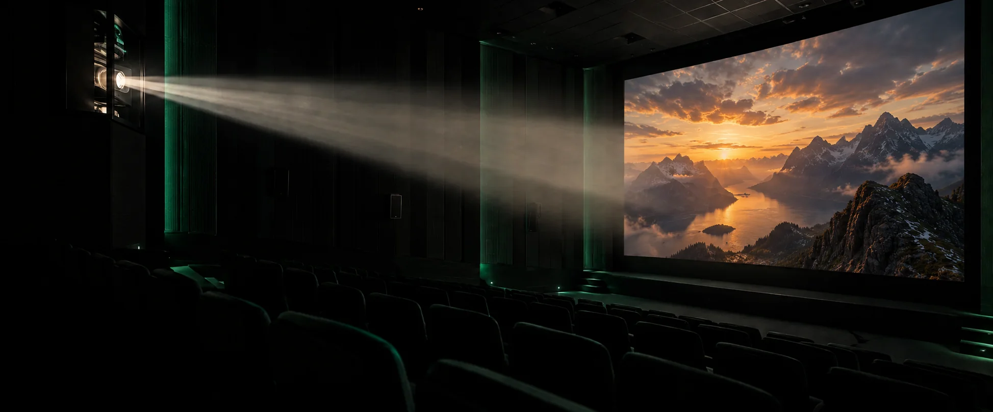 Sala cinematografica con un paesaggio al tramonto proiettato sul grande schermo